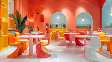 A lively cafe showcases a mix of modern furniture and bright colors, creating an inviting atmosphere for dining and socializing. The unique decor enhances the vibrant feel of the space. photo
