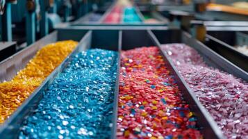 Various shades of plastic granules are neatly arranged in trays, highlighting an array of colors at a processing facility. This activity indicates preparation for manufacturing. photo