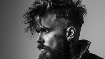 A man is captured in profile, displaying a modern hairstyle complemented by a beard and multiple facial piercings. His tattoos add depth to his unique style against a neutral background. photo