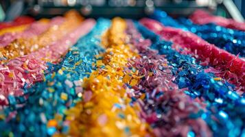A variety of colorful confetti pieces in blue, pink, orange, and yellow lie in rows on a surface, capturing the essence of a lively festival or party atmosphere. photo