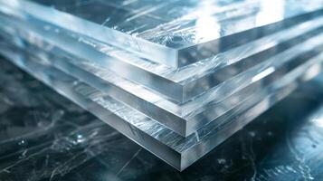 Layers of clear acrylic sheets are stacked on a dark surface, reflecting soft lighting and highlighting their sleek, transparent design perfect for various projects. photo
