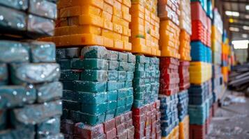 Rows of brightly colored soap bars are arranged meticulously in a spacious warehouse. Each stack showcases distinct hues, creating a visually striking display of handmade products ready for sale. photo