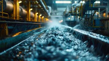 Water streams through a busy industrial facility where machinery processes materials. Bright overhead lights illuminate the environment filled with activity and efficiency. photo