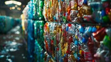 Stacks of colorful plastic bottles are organized neatly in a recycling center, illuminated by natural light streaming through windows, indicating an eco friendly effort. photo