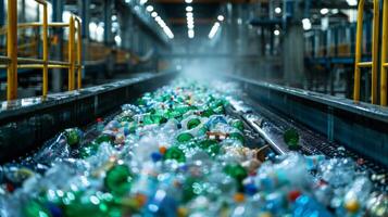 A conveyor belt filled with a mixture of colorful plastic bottles traveling through a recycling facility, showcasing the separation process in action during daylight hours. photo