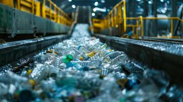 Bottles and plastic debris fill the conveyor belt inside a recycling center, where workers and machines actively sort and process waste materials during daytime operations. photo