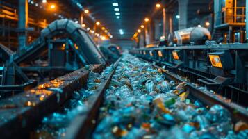 A busy waste sorting facility at night with conveyor belts carrying heaps of plastic recyclables. The area is brightly lit, emphasizing the efficiency of the recycling process. photo