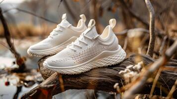 A pair of contemporary white athletic shoes rests on a log at the edge of a serene lake. Autumn leaves frame the background, illuminated by soft morning light. photo