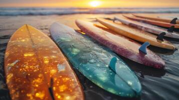 Several vibrant surfboards are arranged along the wet sand at the beach, illuminated by the golden hues of a stunning sunset, creating a picturesque coastal scene. photo