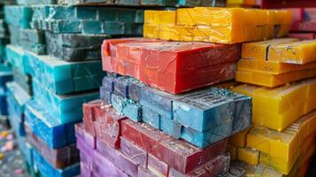 Colorful blocks of handmade soap are stacked neatly in a craft market. Each block exhibits unique hues, attracting visitors interested in artisanal products during a warm afternoon. photo