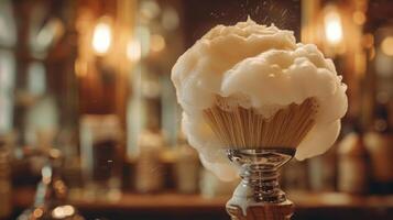 A shaving brush filled with thick, creamy lather is showcased in a vintage barber shop, illuminated by warm, ambient lighting during the evening, demonstrating classic grooming techniques. photo