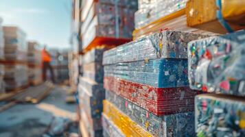 Brightly colored plastic sheets are neatly stacked at a recycling facility under clear sky. Workers can be seen organizing and sorting materials that are ready for processing. photo