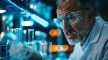 A dedicated scientist examines a glass beaker in a well lit laboratory at night, surrounded by various lab equipment and glowing LED lights, showcasing concentration and expertise. photo