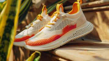 Brightly colored sneakers with a breathable design are placed on wooden steps, contrasting with the lush green foliage surrounding them. The vibrant colors pop against the earth tones. photo