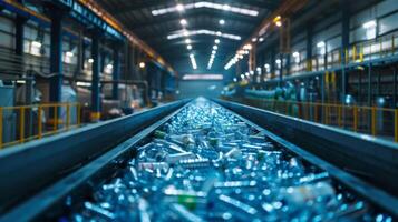 A large facility is actively recycling plastic bottles as a conveyor belt transports them through the processing area. Workers efficiently manage the workflow in a bright environment. photo