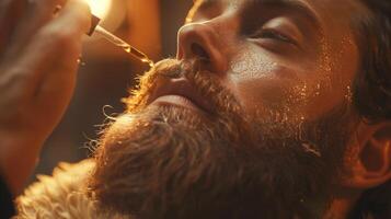 A man applies beard oil to his facial hair with focused concentration in a warm, inviting setting that emphasizes personal grooming and self care rituals. photo