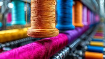 Brightly colored spools of thread dangle from a textile machine, showcasing a vibrant selection of hues in a busy fabric factory during the early morning. photo