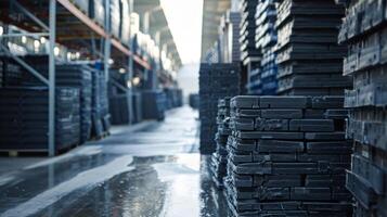 Pallets made of durable material are arranged in rows within a spacious warehouse, illuminated by natural light streaming through large windows, highlighting the efficient storage setup. photo