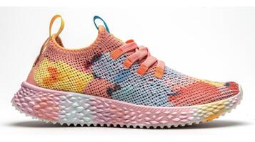 A unique athletic shoe featuring a vibrant knitted upper with a blend of colors, designed for comfort and performance, perfect for running or casual wear. photo