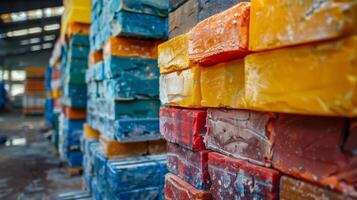 Brightly colored wax blocks are densely stacked in a warehouse, displaying a variety of rich colors and textures under natural light, creating an appealing visual experience. photo