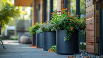 Vibrant flowers in sleek black planters adorn the walkway outside a contemporary building, showcasing a harmonious blend of nature and modern architecture under clear skies. photo