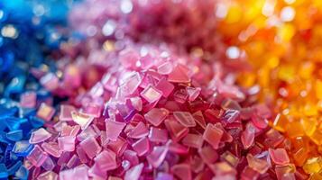 A vibrant collection of small plastic granules in shades of blue, pink, and orange creates a visually striking display suitable for innovative projects or manufacturing. photo