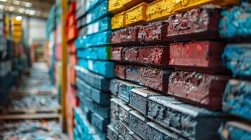 Stacked wooden blocks in various colors fill a warehouse, providing materials for creative projects. The vibrant hues contrast with the industrial setting and scattered debris. photo