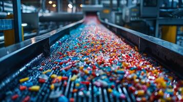 A conveyor belt in a candy factory displays an assortment of brightly colored candies flowing smoothly down the line, showcasing the vibrant production process. photo
