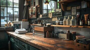Brightly lit barber shop features a rustic wooden counter adorned with grooming tools, bottles, and towels, creating an inviting atmosphere for customers. photo