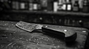 A sturdy metal knife lays on a worn wooden table surrounded by blurred bottles in a rustic kitchen, suggesting the preparation of a meal in the evening. photo
