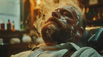 A man with a thick beard enjoys a soothing hot towel shave while reclining in a vintage barber chair, surrounded by soft lighting and rustic decor in a barber shop. photo