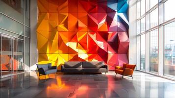 Brightly lit lounge area showcases a vibrant, geometric wall design in warm hues, complemented by contemporary seating and a sleek floor, creating an inviting space for relaxation. photo