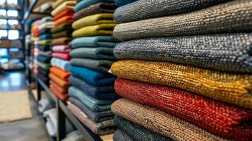 A vibrant array of folded textiles neatly arranged on shelves showcases various colors and textures, highlighting craftsmanship in a contemporary retail environment. photo