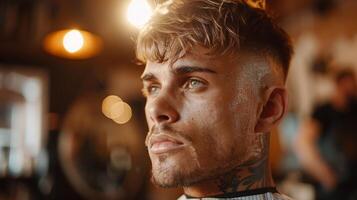 Young man with stylish haircut is seated in a barber shop, looking thoughtful as he enjoys a grooming session amid an inviting atmosphere with warm lighting. photo