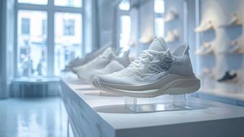 Showcasing a selection of contemporary running shoes, the bright showroom highlights the sleek and clean lines of the footwear against a light backdrop, drawing attention to the design details. photo