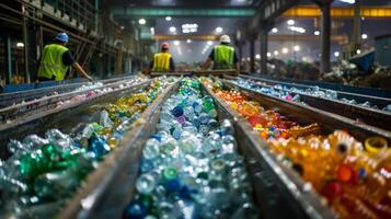 Workers in reflective vests sort through rows of plastic bottles at a recycling facility, highlighting the importance of recycling and waste management in an industrial setting. photo