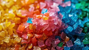 Brightly colored gummy candies in diverse shapes fill the surface, creating a vibrant and inviting assortment perfect for treats or party decorations. photo