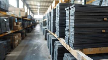 In a spacious warehouse, stacks of raw material sheets are organized on wooden shelves. Soft light filters through large windows, illuminating the orderly layout of products. photo