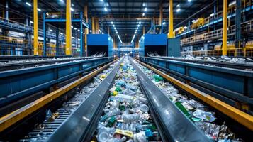 Inside a waste management facility, numerous plastic bottles and containers are scattered across conveyor belts, highlighting challenges in recycling efforts and waste management practices. photo