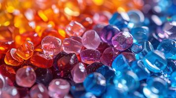 Small glass marbles in a variety of vibrant colors fill the frame, showcasing their smooth surfaces and reflective qualities under bright lighting, creating an attractive visual display. photo