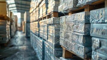 Bright sunlight filters through a warehouse, illuminating stacked aluminum sheets that are organized on wooden pallets, creating a tidy and efficient workspace. photo