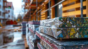 Construction workers prepare the site with stacks of vibrant materials covered in plastic wrap, highlighting the ongoing development in a bustling urban environment. photo
