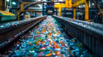 Colorful bits of plastic waste cascade along a conveyor belt in a processing facility during daylight hours, highlighting the importance of recycling efforts in managing waste. photo