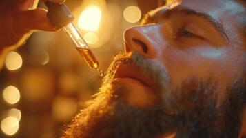 Close up of a man applying oil to his beard with a dropper in a cozy, illuminated space, highlighting the importance of grooming in a personal care routine. photo