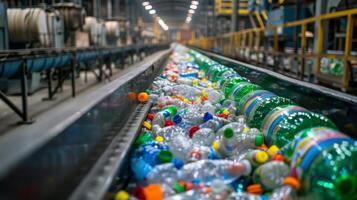 A conveyor belt in a recycling facility carries an array of plastic bottles and containers, highlighting the importance of waste management in the industrial process. photo