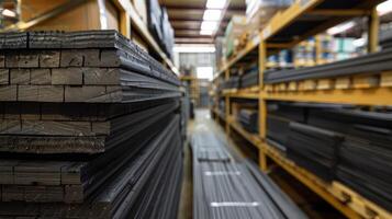 Neatly stacked dark wooden planks fill a spacious warehouse aisle. Shelving units line the walls, displaying various materials and tools, creating a busy yet organized environment. photo