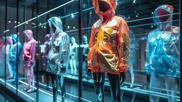 Mannequins exhibit a collection of trendy jackets in a sleek store setting, highlighting the use of new materials and vibrant colors under bright lighting. photo
