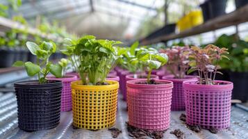 Small plants of various types are growing in colorful pots lined up on shelves inside a greenhouse. Sunlight creates a lively atmosphere as the seedlings thrive. photo