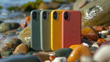 Four vibrant phone cases in green, yellow, red, and neutral colors sit among colorful pebbles on a sunny beach, with gentle waves lapping in the background. photo