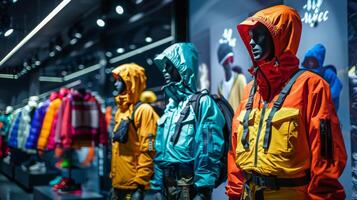 Mannequins dressed in vibrant jackets lined up in a contemporary store setting, highlighting winter apparel and outdoor adventure categories during the day. photo